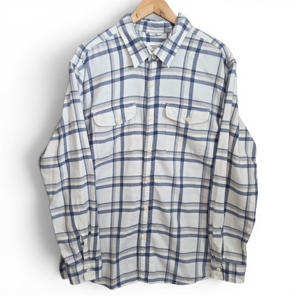 American Eagle Flannel Shirt Mens XL White Blue Plaid Super Soft Pockets Casual